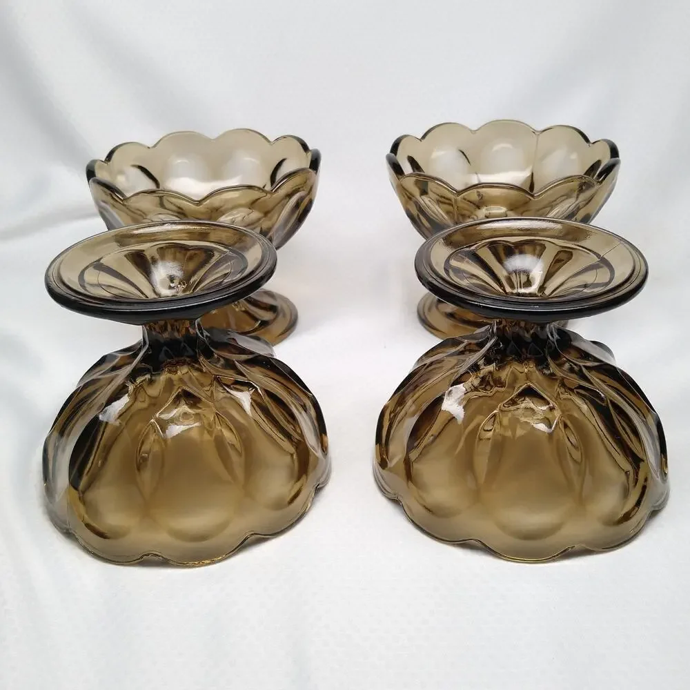Anchor Hocking Fairfield Smoky Brown Glass Dessert Bowls Pedestal Set of 4 1970s